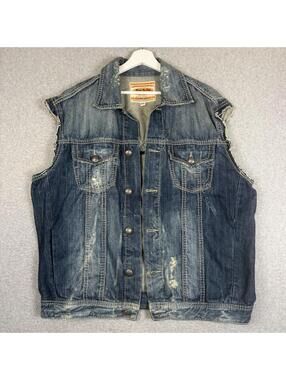 Rivet De Cru Men's 3XL XXXL Blue Denim Distressed Button Down Jean Jacket Vest